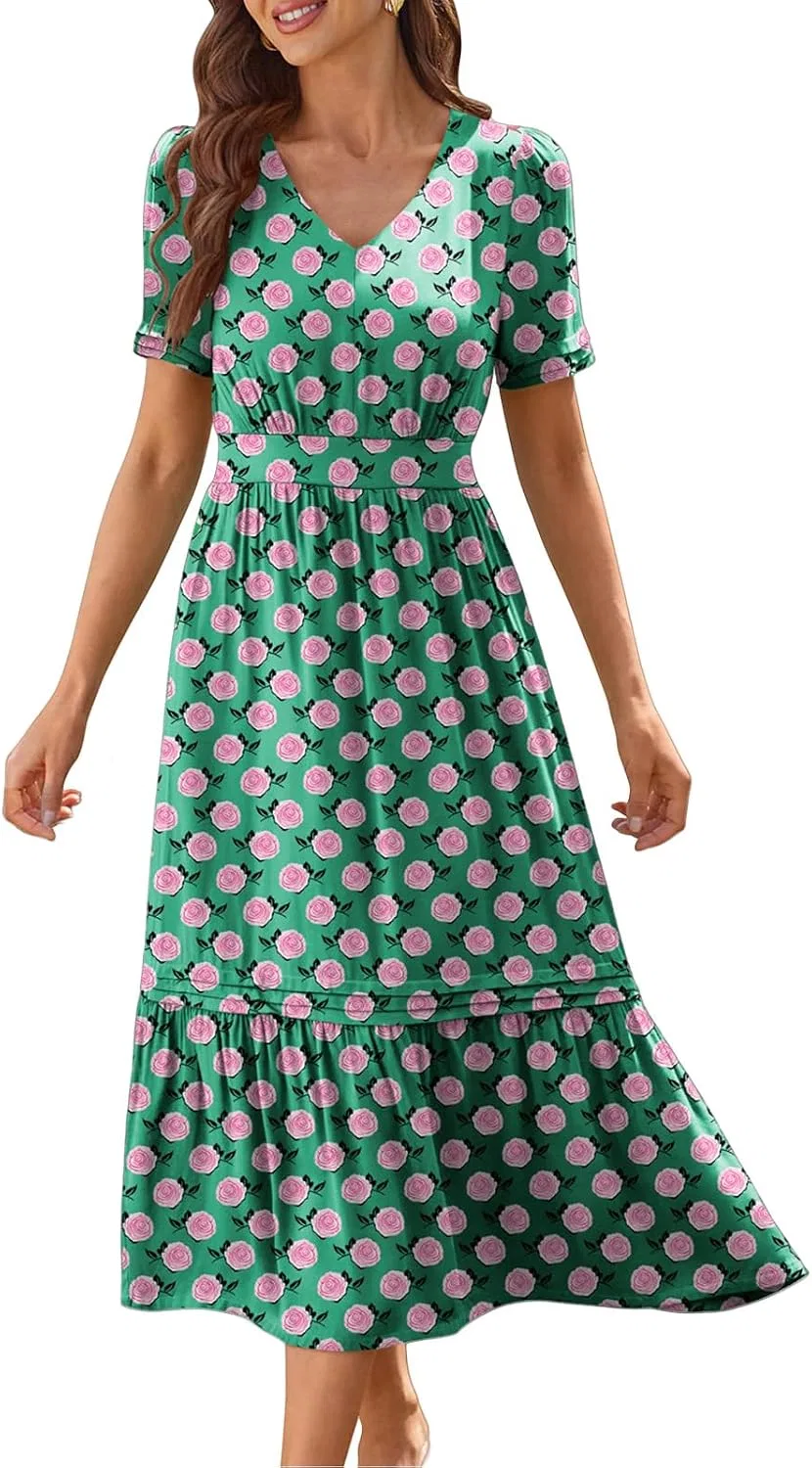 Женское летнее платье макси с цветочным принтом A-line, Light Green