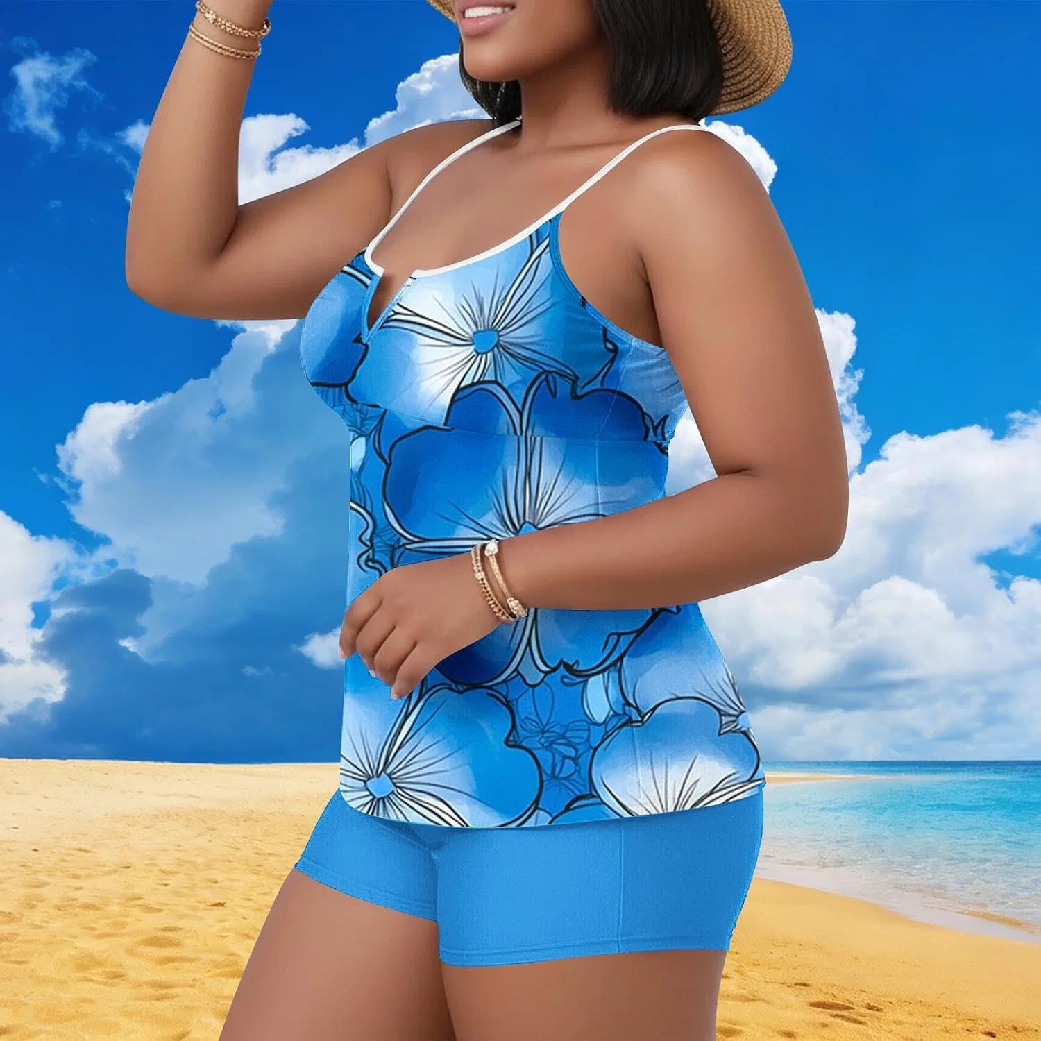 Женский танкини с V-образным вырезом, бойшортами и спагетти-бретелями, Sky Blue — фото 2