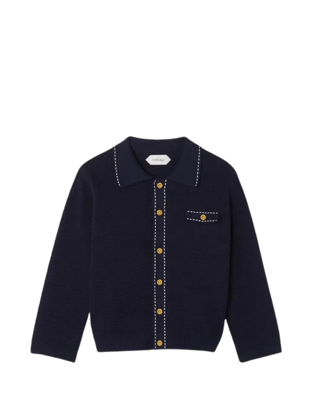 Вязаный кардиган в рубчик с контрастной строчкой Versace Kids, синий