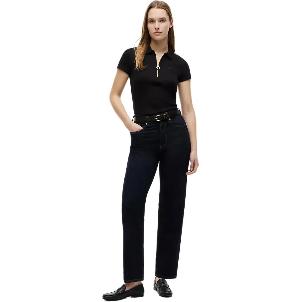 Женская хлопковая поло-рубашка с длинным рукавом Tommy Hilfiger Slim Fit Essential Zip Polo, Black — фото 3