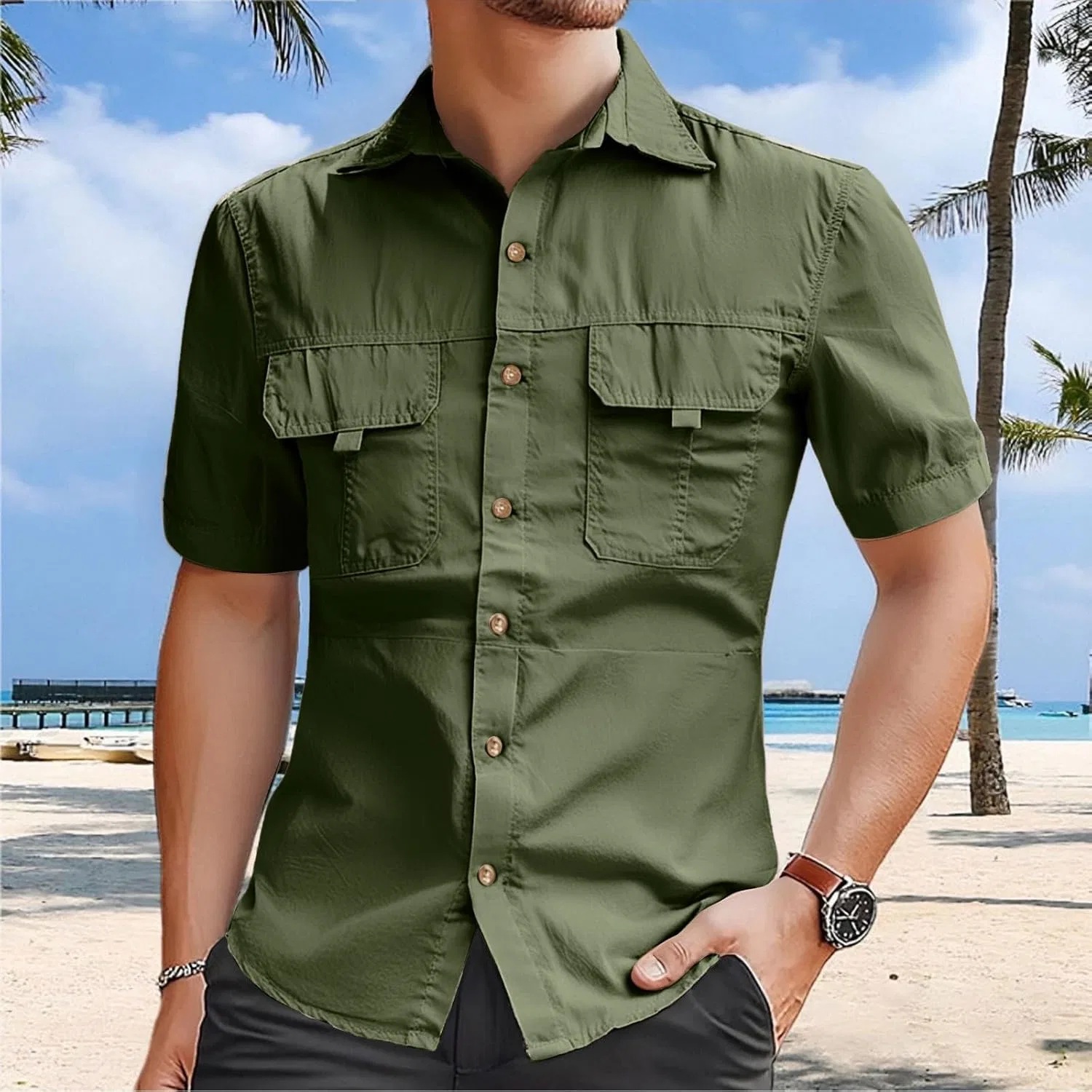 Мужская рубашка с коротким рукавом, с карманами, B- Army Green — фото 2