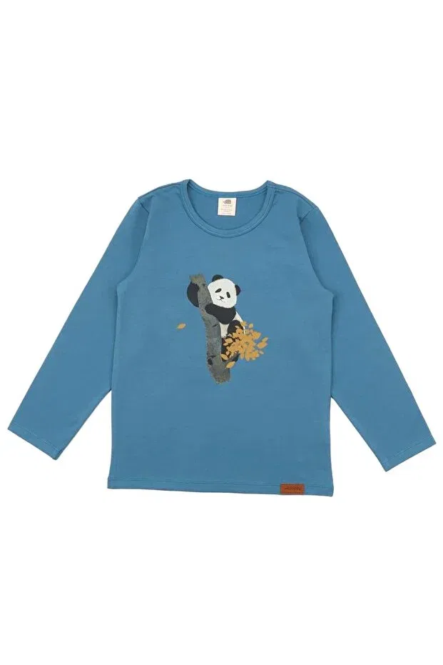 Детская футболка с длинным рукавом с принтом Panda Walkiddy, Turquoise