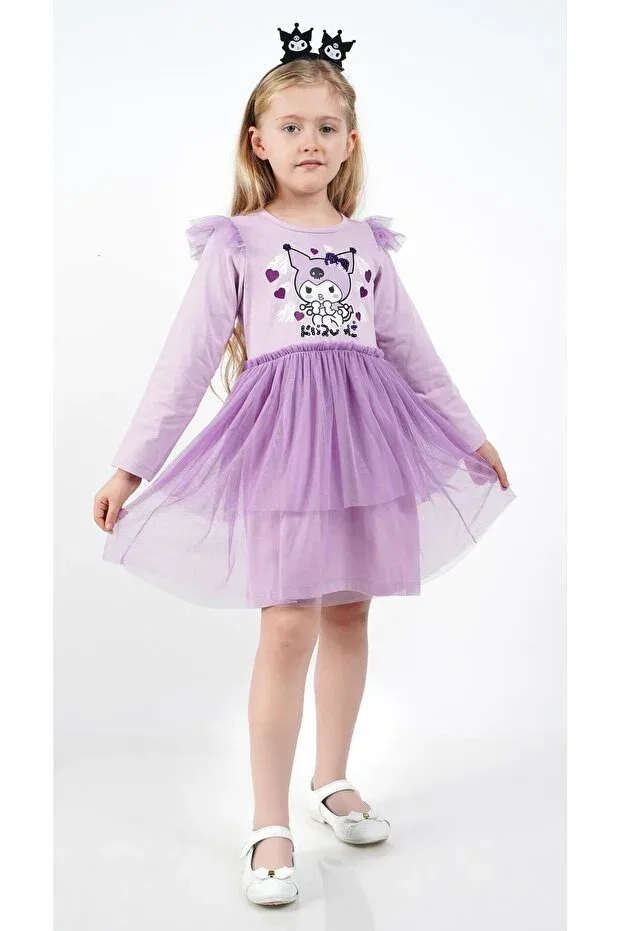 Детское платье для девочек с принтом Kuromi lilac tulle detailed girl's dress Buse&Eylül Bebe, Purple — фото 2