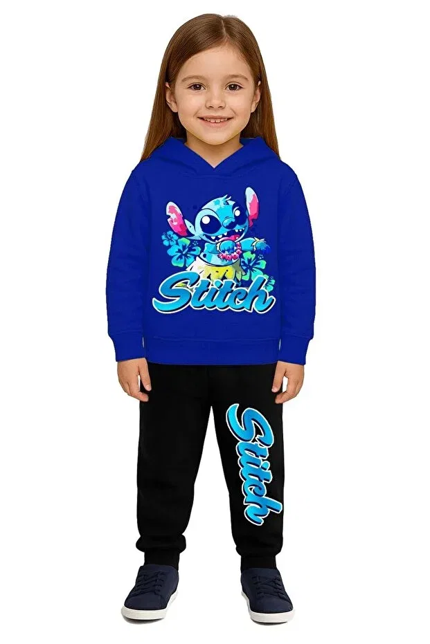 Детский спортивный костюм для мальчиков с принтом Stich 3 thread ş fleece-lined cotton fabric hooded Sedirli, Sax Blue