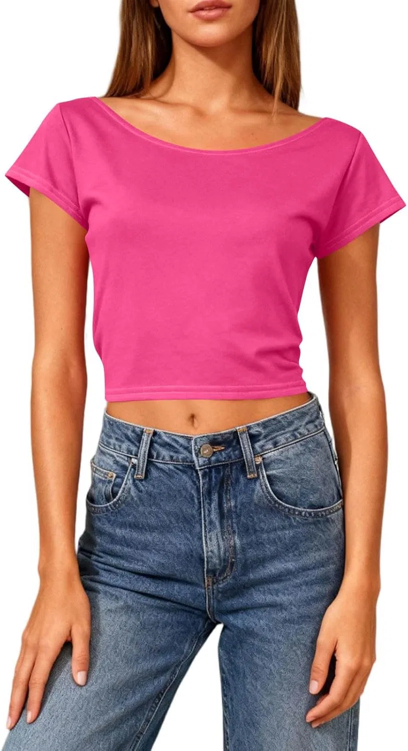 Женская свободная футболка с открытой спиной Crop Top, Hot Pink — фото 4