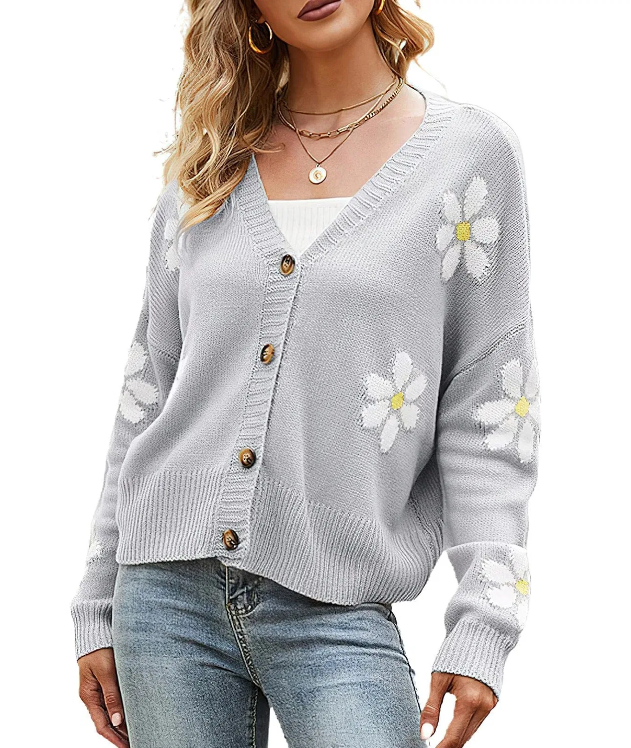 Женское вязаное пальто-кардиган с принтом Daisy Cute Cute Smiling Graphic, 02 Grigio