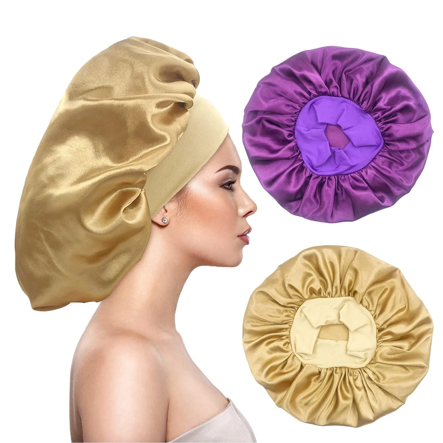 Шапочка для душа из сатина, AUHKARUS, набор 2 шт., Large, Gold, Purple