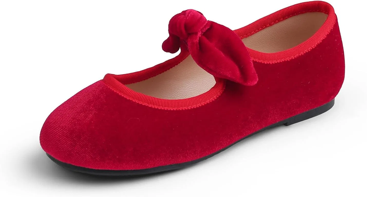 Детские туфли для девочек с пряжкой FEVERSOLE, Velvet Bow Elastic Maryjane Red