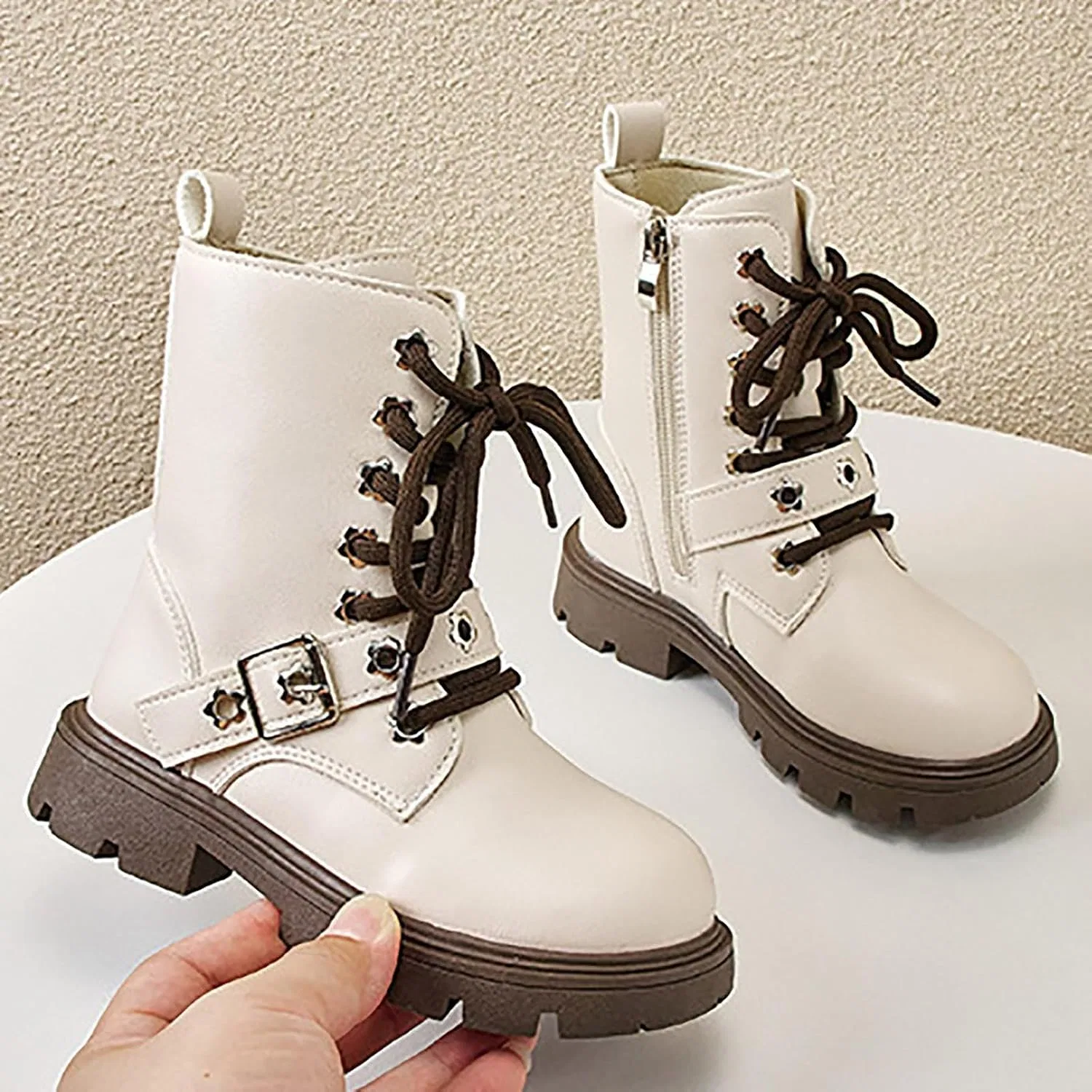 Детские ботинки для девочек с ремешком на пряжке Combat Boots, Beige — фото 4