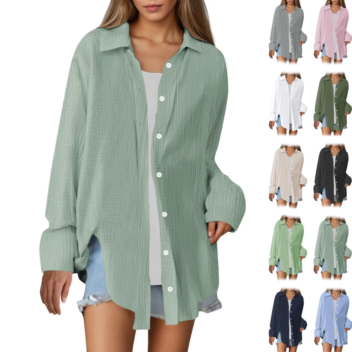 Женская блуза из муслина с длинным рукавом, Grey/Green