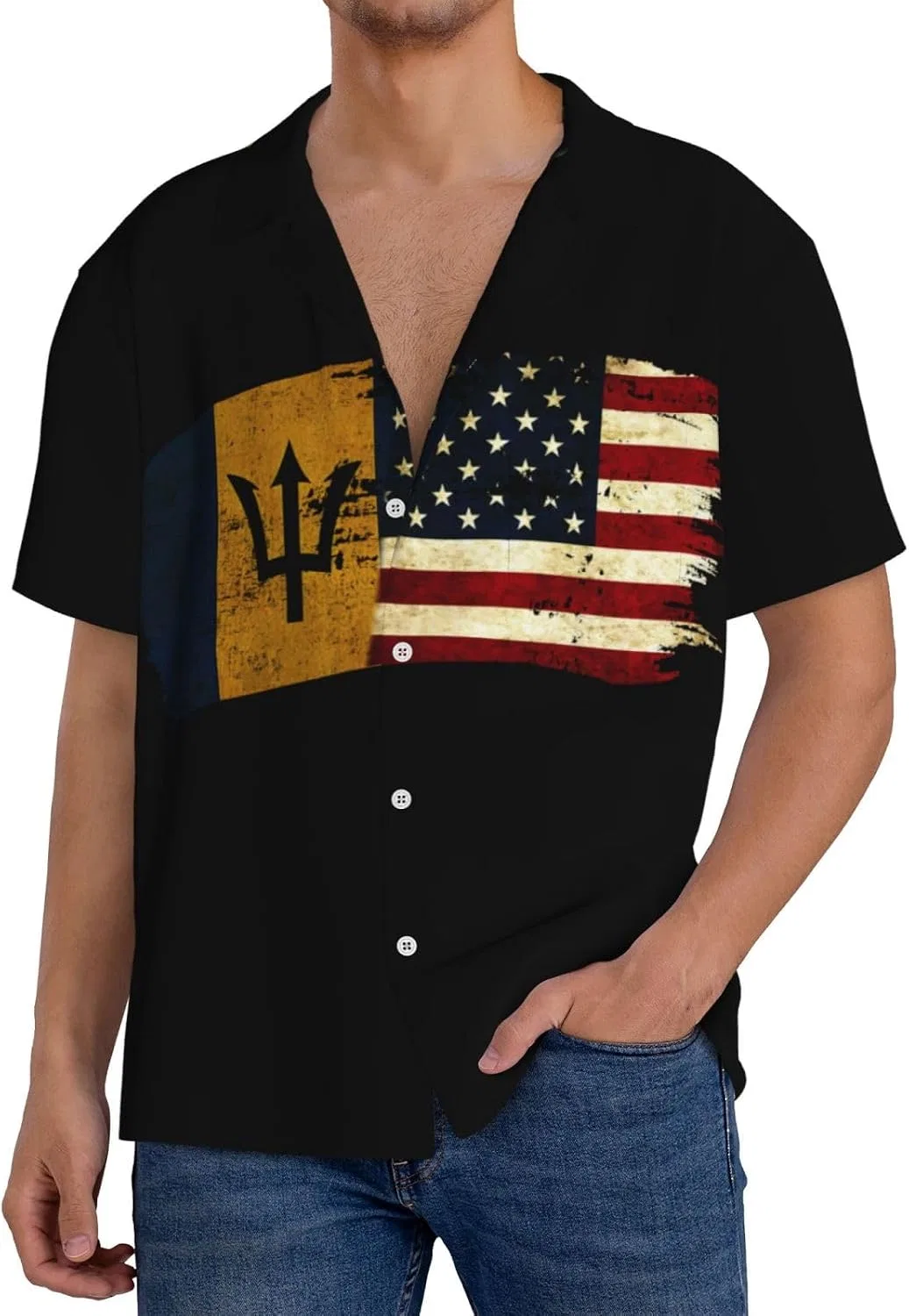 Мужская повседневная рубашка с коротким рукавом Cuba воротник Barbadians America Flag, Black