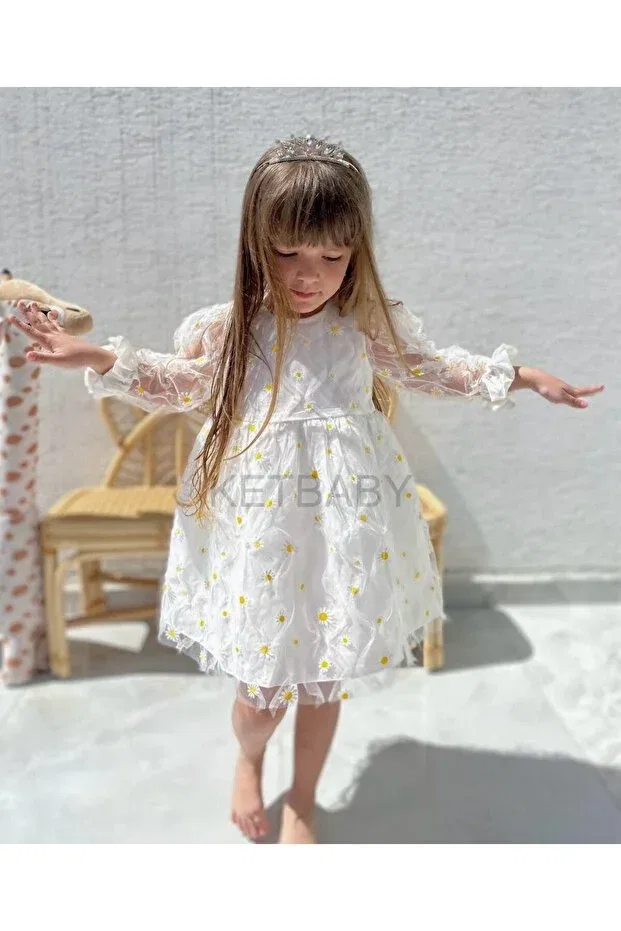 Детское платье для девочек с принтом Daisy Pattern Long Sleeve Ketbaby, White