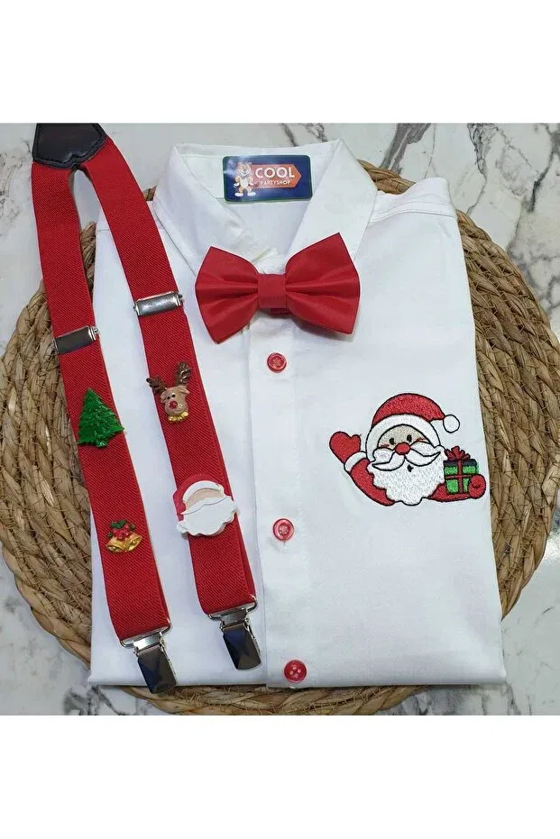 Детское для мальчиков рубашка с длинным рукавом Christmas Concept Suspender Bow Tie Shirt Cool Partyshop, Red