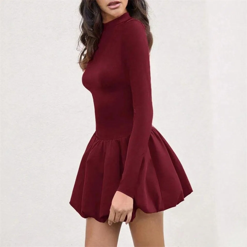 Женское A-силуэта мини-платье с полувысоким воротником Generic, Wine Red — фото 4