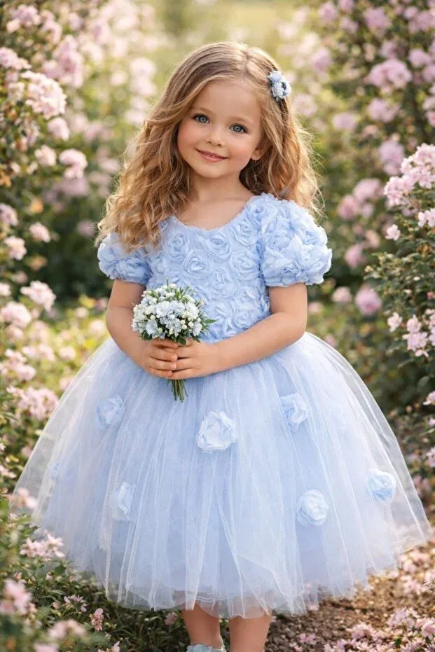 Детское платье для девочек с принтом Rose Embossed Tulle Piece Style Abiyekids, Blue — фото 2