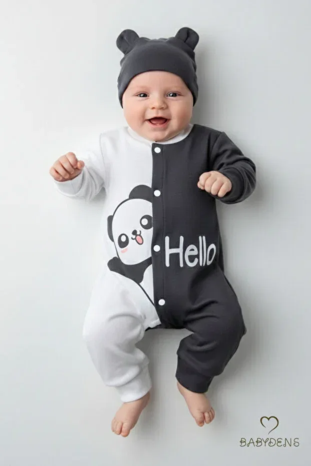 Детский комбинезон для новорожденных с принтом Panda printed baby romper & hat set Babyden'S, Anthracite-White
