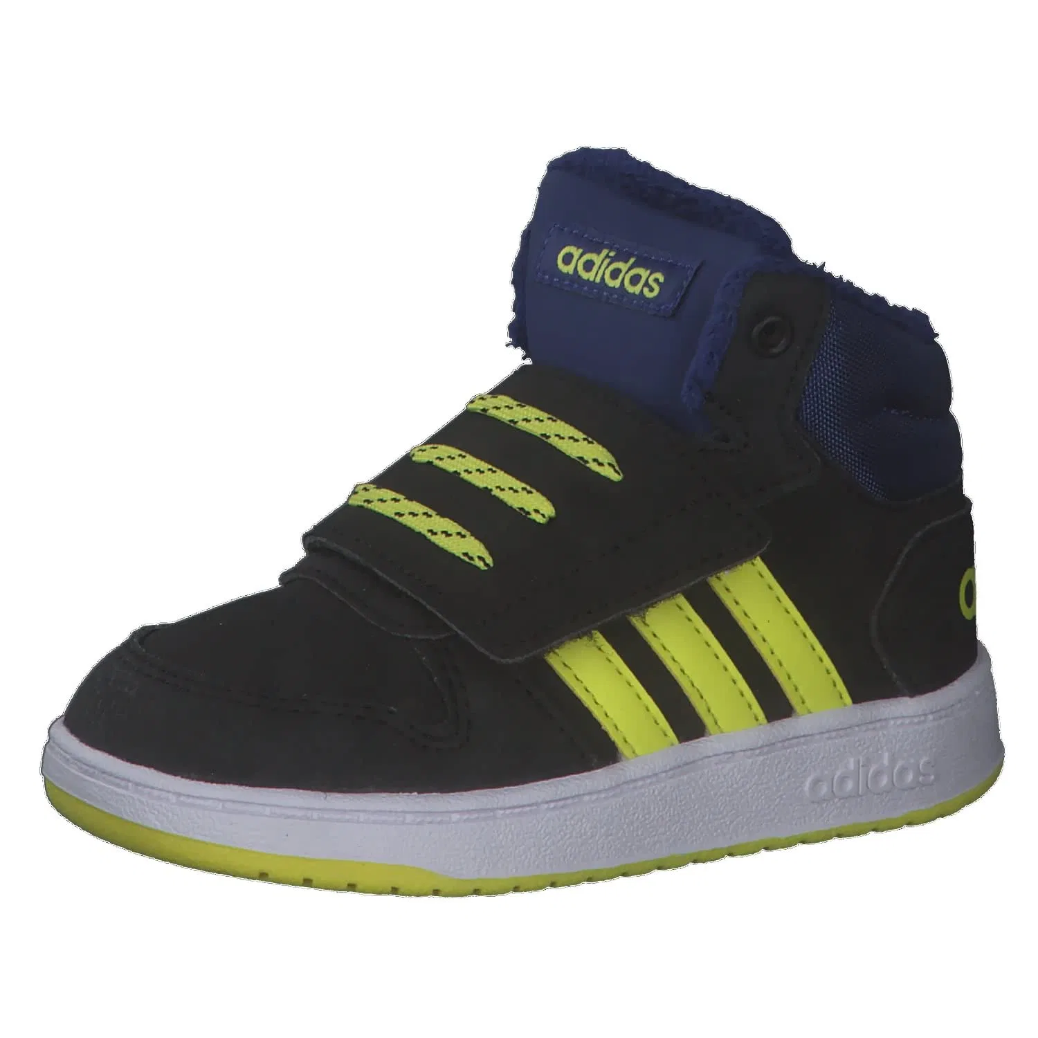 Детские кроссовки для мальчиков с верхом из искусственной кожи Hoops Mid 2.0 I Adidas, Core Black Acid Yellow Victory Blue