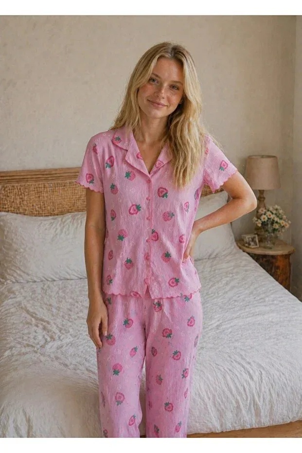 Детская пижама с коротким рукавом Bürümcük fabric buttoned baby overlock pink strawberry patterned pajama set Rindahomewear, With A Pink Strawberry Print — фото 2