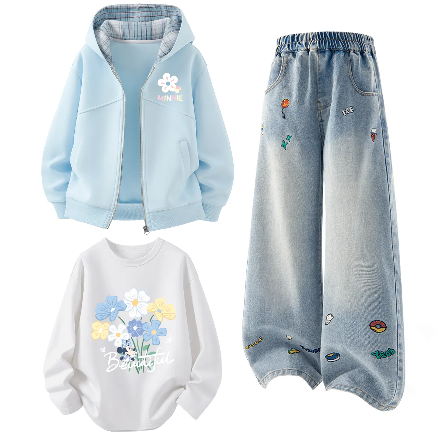 Детский спортивный комплект с капюшоном Disney, Di Cute Flower Pudding Blue+Solid Color Denim Blue+Di Bouquet Nude