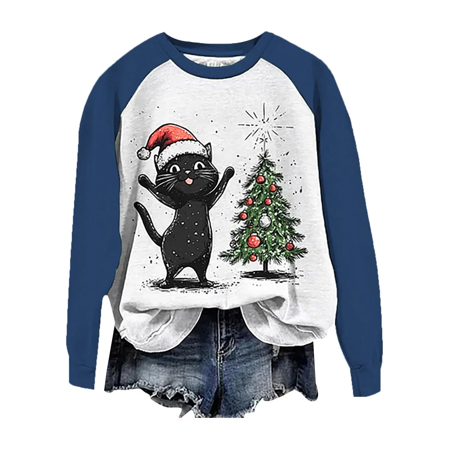 Женский свитшот с принтом Christmas Tree Funny Cat Say What Woman Pullover, Z12 Blue — фото 3