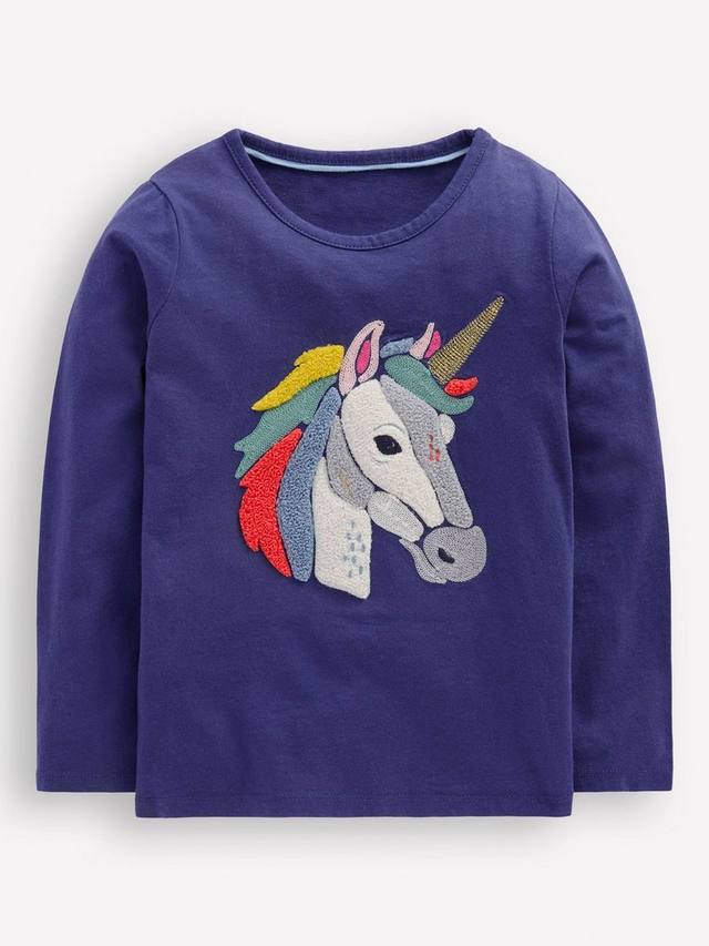 

Детская хлопковая футболка с длинными рукавами и аппликацией Mini Boden, Blue Unicorn