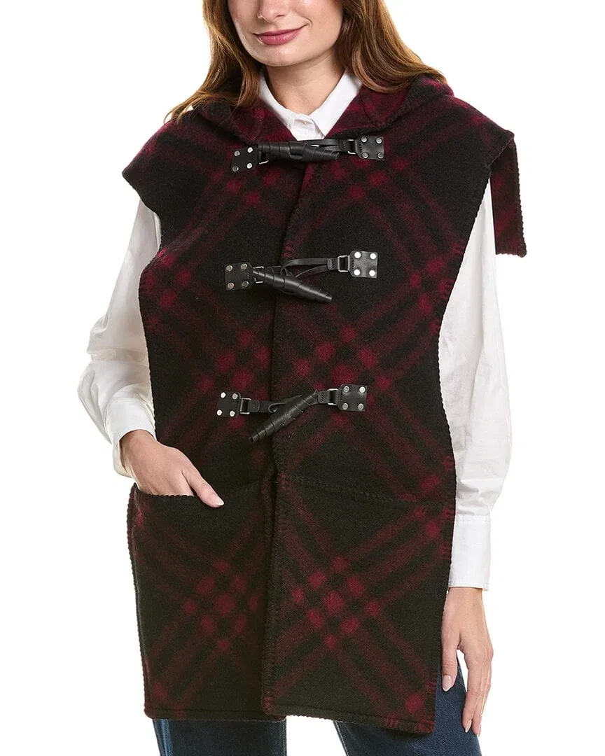 Женская накидка из шерсти и кожи с капюшоном Burberry Check Wool & Leather Cape, красный — фото 3