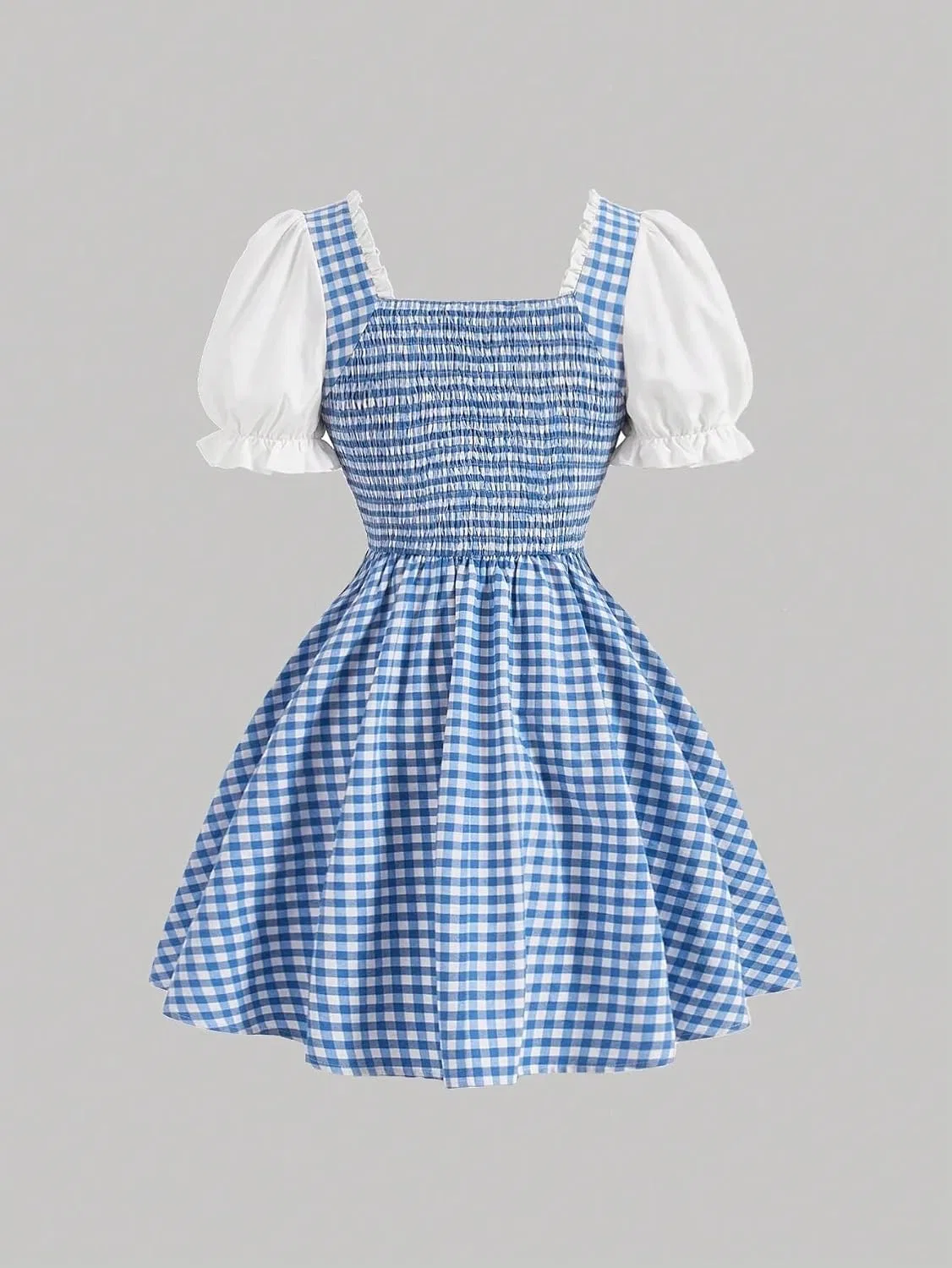 Женское повседневное платье A-силуэта с пышными рукавами, клетка, Blue and White — фото 3