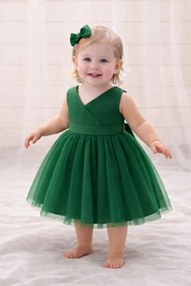 Детское платье для девочек сатиновое с запахом Suneh, Emerald Green