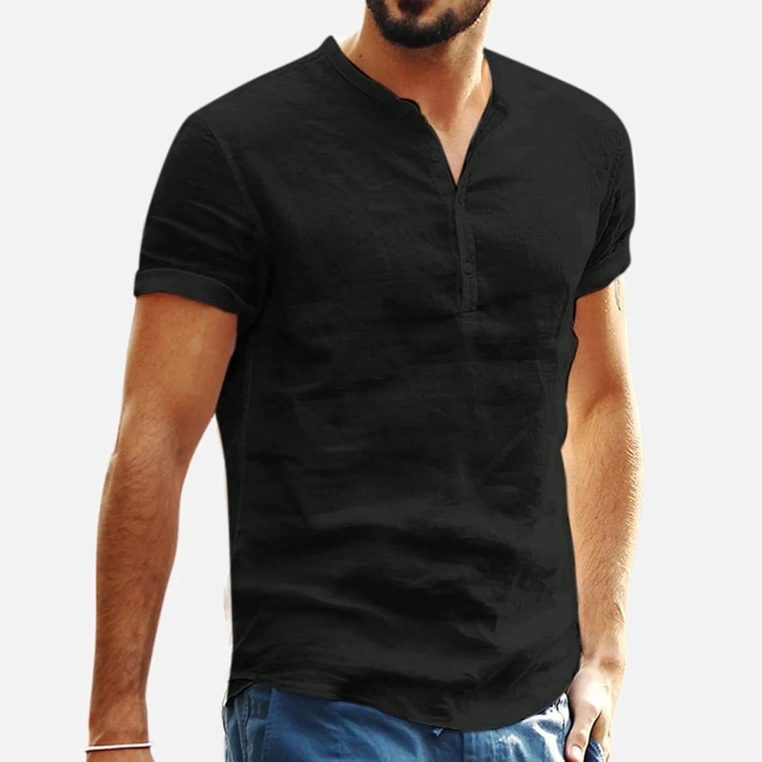 Мужская рубашка хенли с коротким рукавом из хлопка и льна, Regular Fit, Black — фото 2