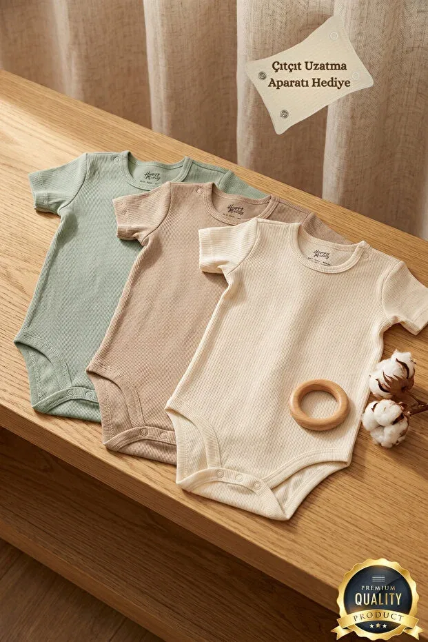Детский комплект боди для мальчиков с коротким рукавом Premium ribbed fabric 100% organic cotton 3-piece baby boy short sleeve bodysuit set with snap fasteners Huggy Mommy, Colored — фото 2