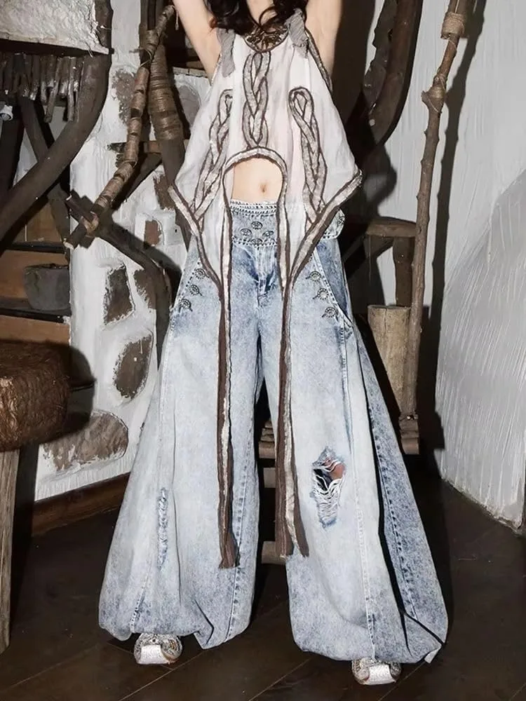 

Ретро джинсовые брюки-фонарики для женщин, high waist, рваные, wide leg Xojbzoo