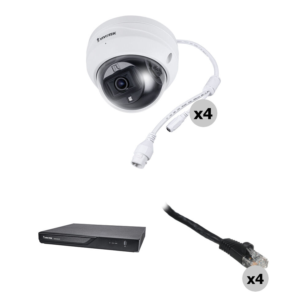 

8-канальный сетевой видеорегистратор Vivotek ND9323P 4K UHD (без жесткого диска) с четырьмя купольными камерами FD9369-F2 2 МП и четырьмя 25-футовыми соединительными кабелями