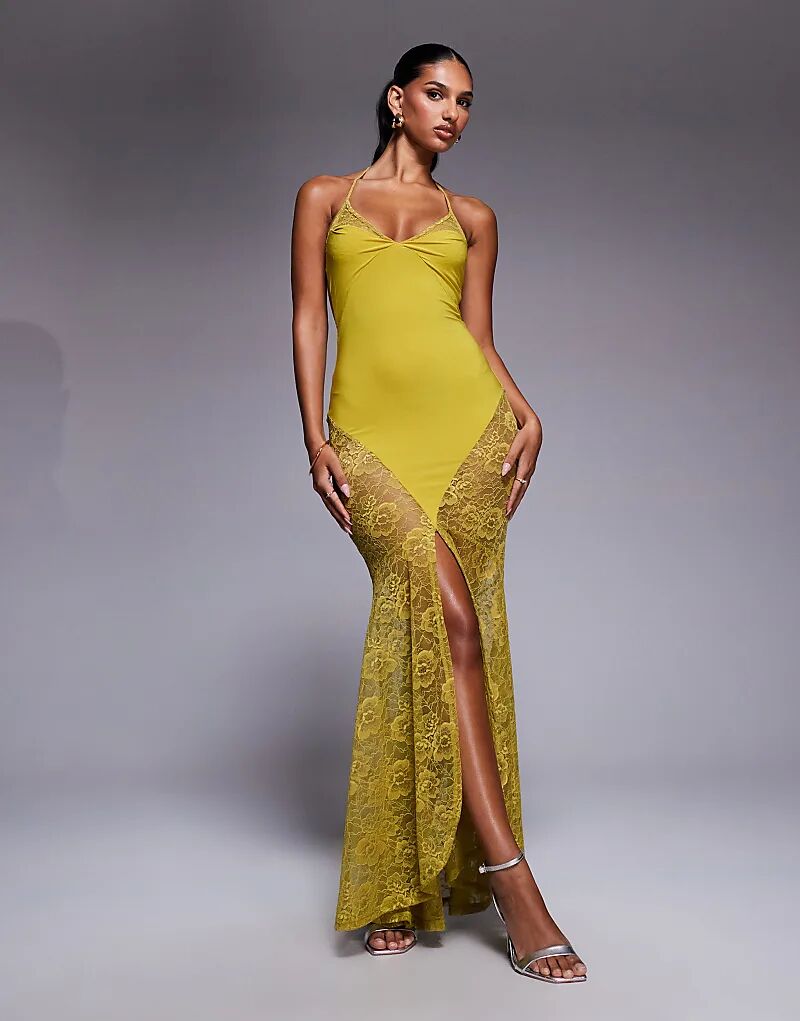 

Платье макси ASOS DESIGN с бретельками-халтером, кружевным швом и силуэтом «рыбий хвост» оливкового цвета