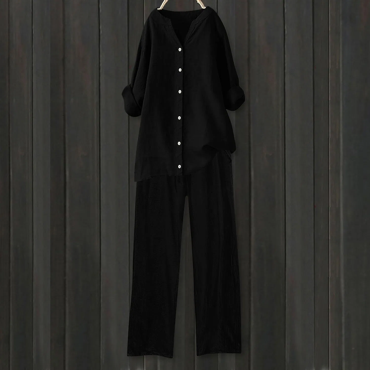 Женский костюм из льноподобной ткани, рубашка и брюки, Black — фото 2