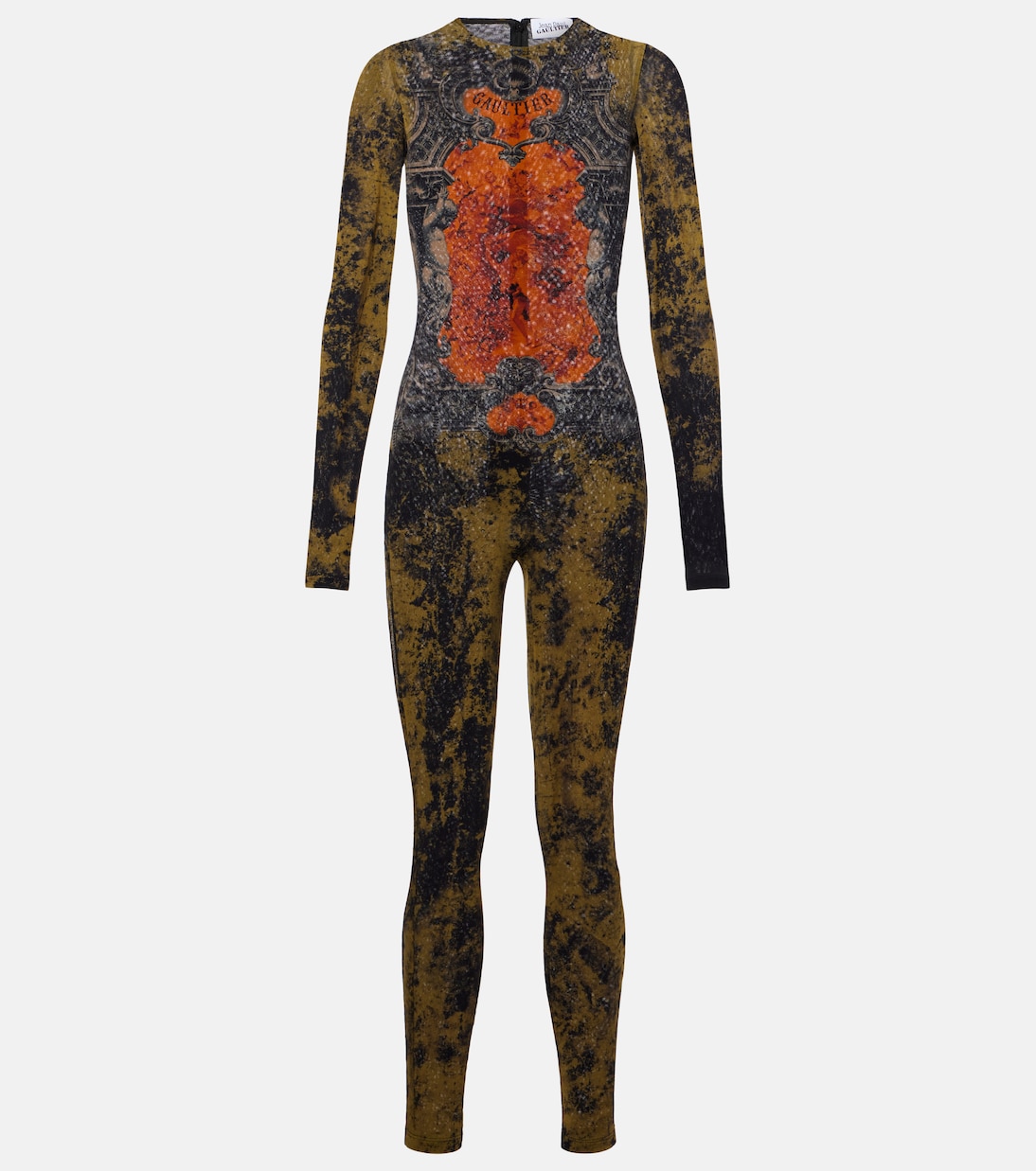 

Медиа льонный сетчатый комбинезон с принтом Catsuit Jean Paul Gaultier, Black/Khaki/Orange