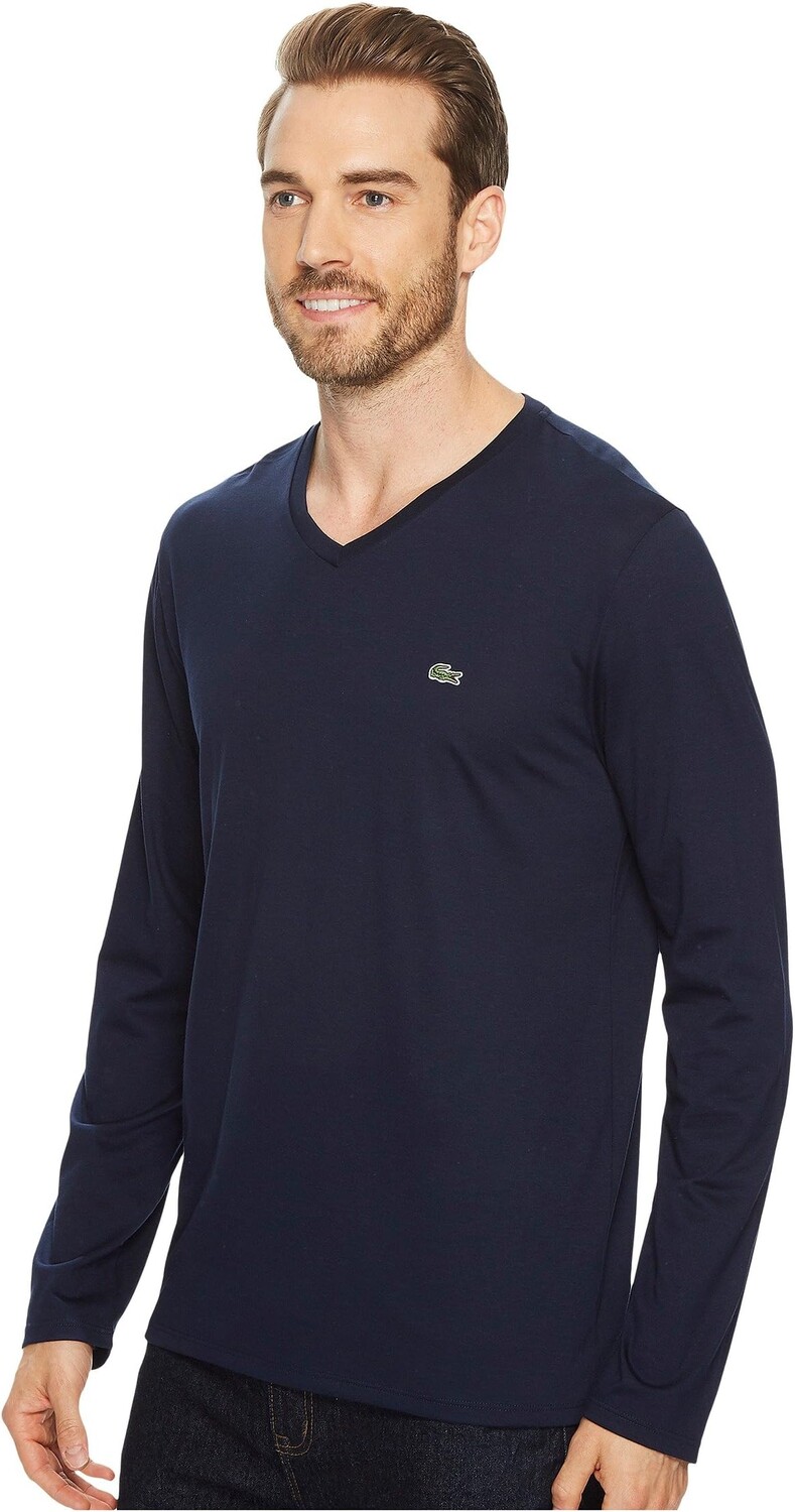 Футболка из джерси Pima с длинным рукавом и V-образным вырезом Lacoste, темно-синий — фото 2