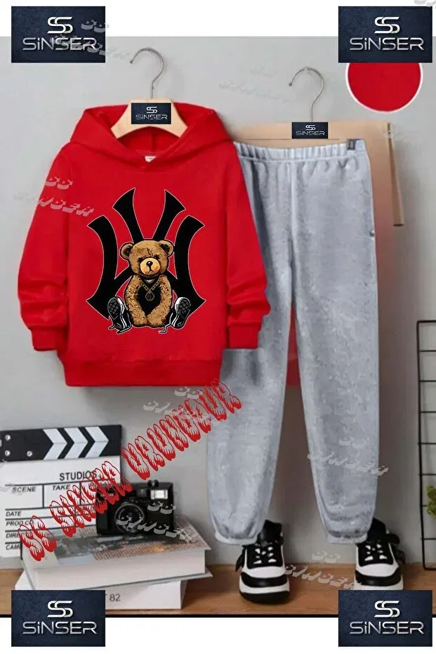 Детский комплект для девочек с принтом Bear Back NY Black Ss Sinser, Red - Gray