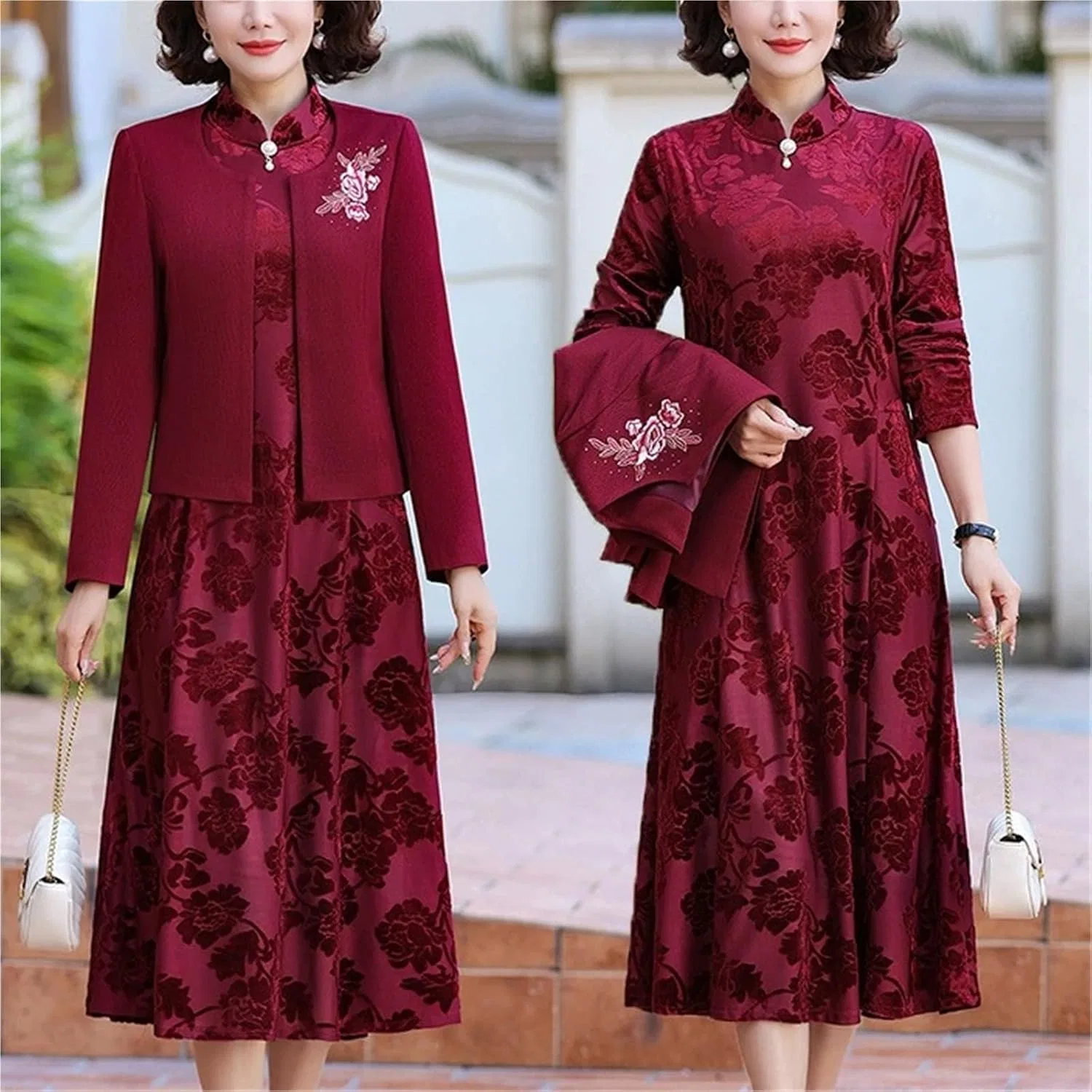Женский комплект из кардигана и платья с вышивкой Generic, Wine Red — фото 2