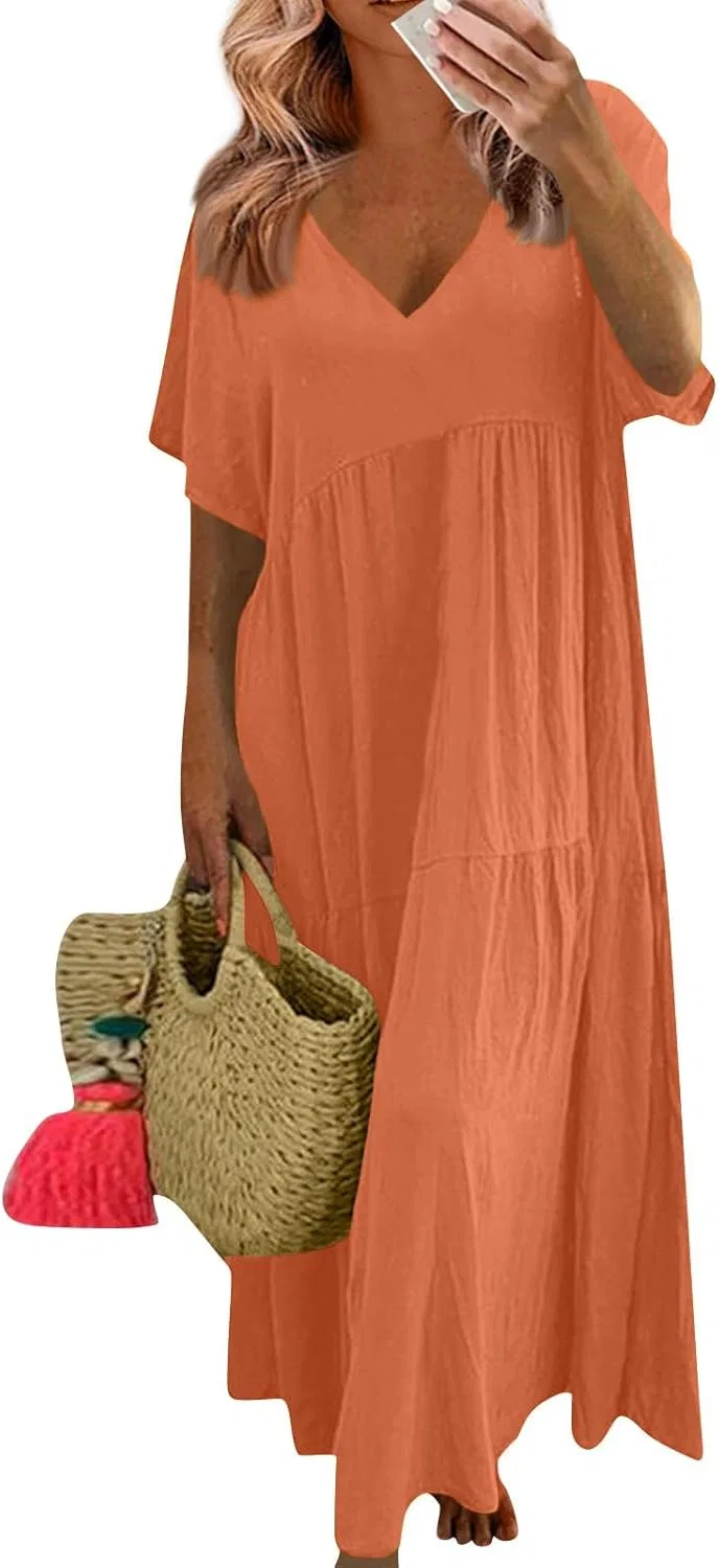 Женское хлопковое платье макси оверсайз с V-вырезом, Orange