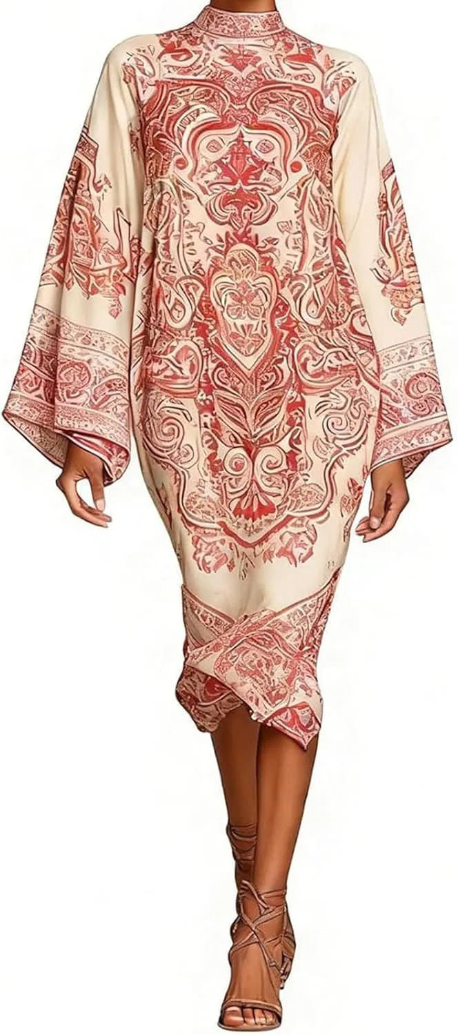 Женское платье-макси с принтом, Turtleneck Bell Sleeve Maxi Dress, розовый