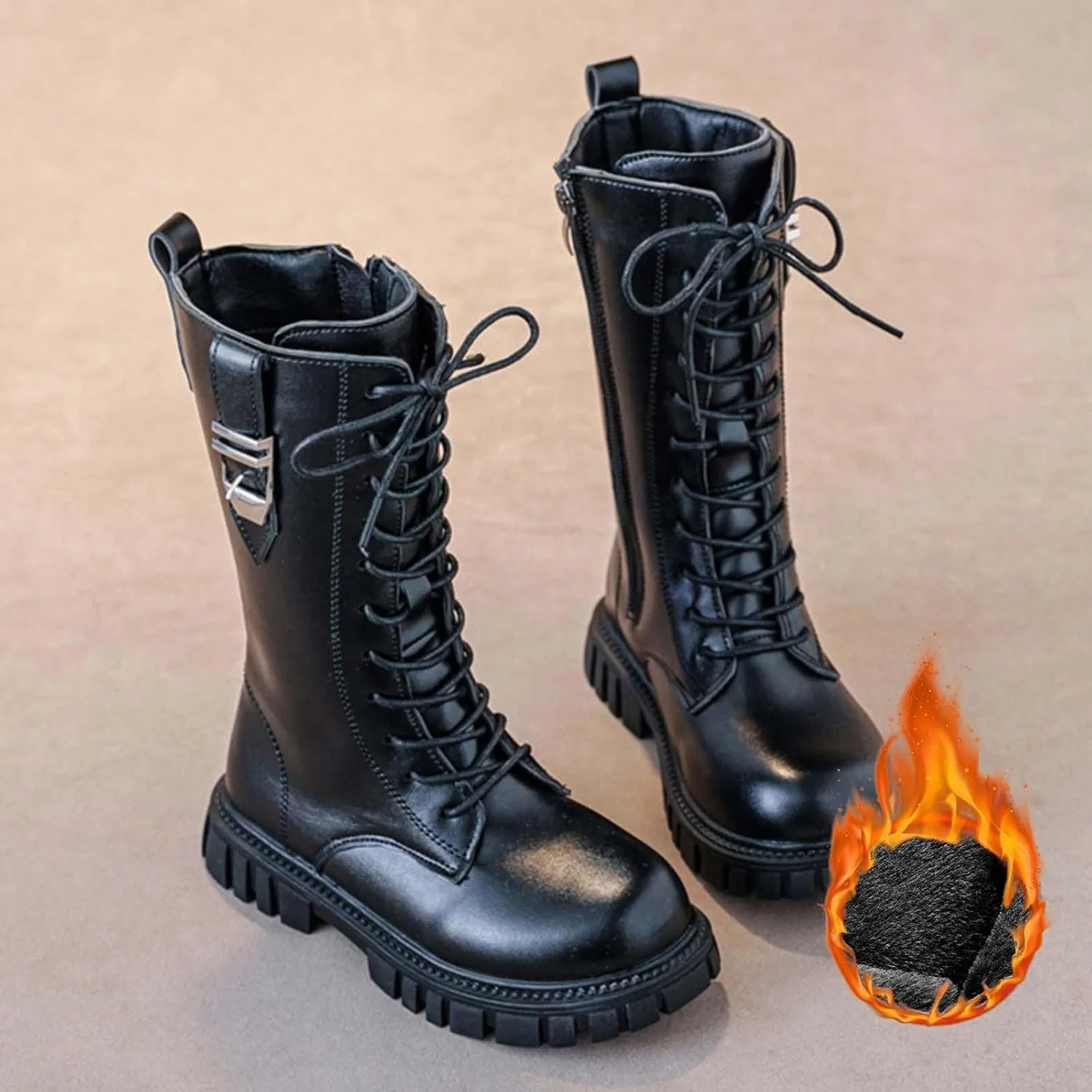 Детские ботинки для девочек на шнуровке с боковой молнией, модель Combat Boots, PU кожа, Black — фото 3