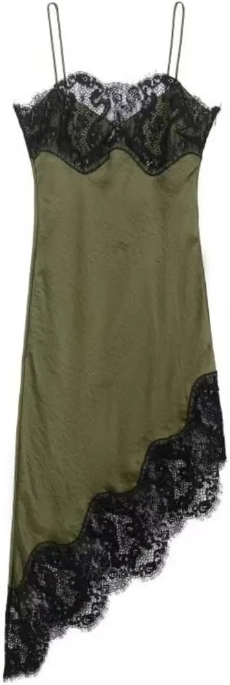 Женское вечернее платье с кружевной отделкой Satin Lace Trim Spaghetti Strap, Olive Green