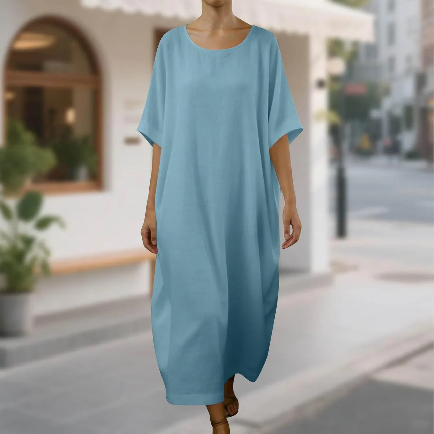 Женское летнее пляжное платье свободного кроя из льна с хлопком, Light Blue — фото 2