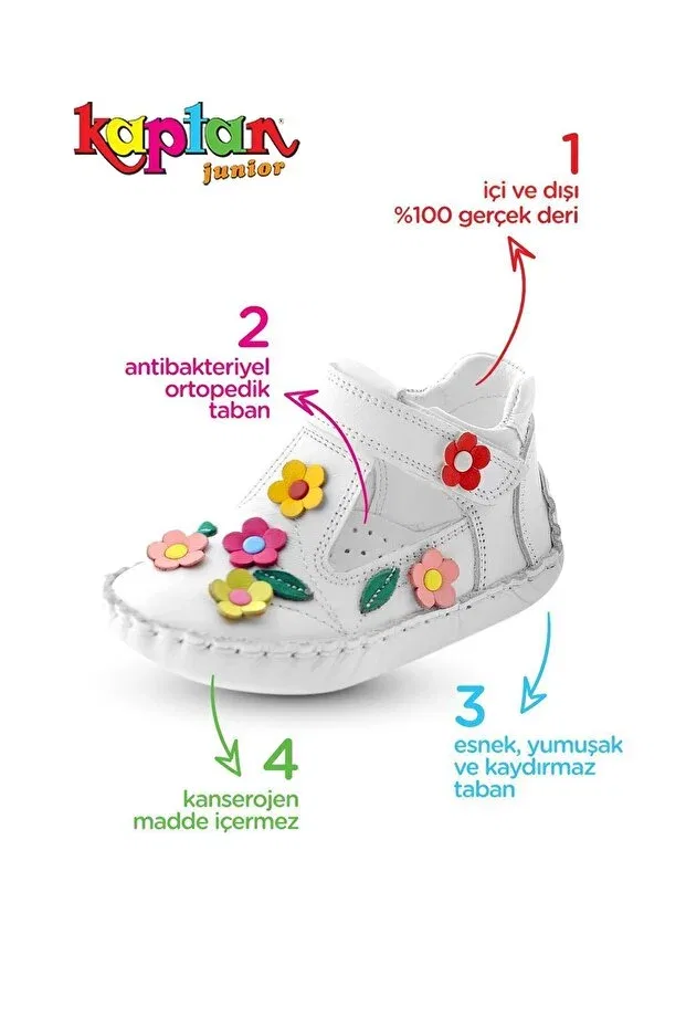 Детские балетки для девочек с цветочным принтом Ilkadım Kaptan Junior, White — фото 3