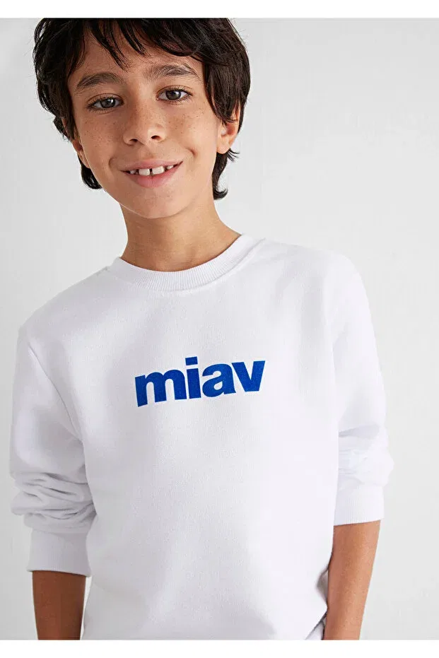 Детские свитшот для мальчиков с принтом Meow Printed Mavi, White-620 — фото 3