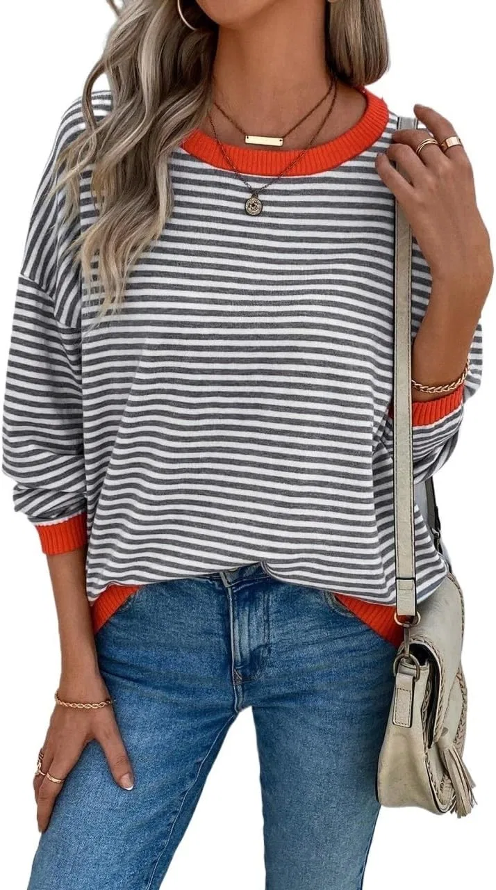 Женский свитер свободного кроя с принтом, модель Striped Drop Shoulder Long Sleeve Loose Top Pullover Sweaters, мультиколор
