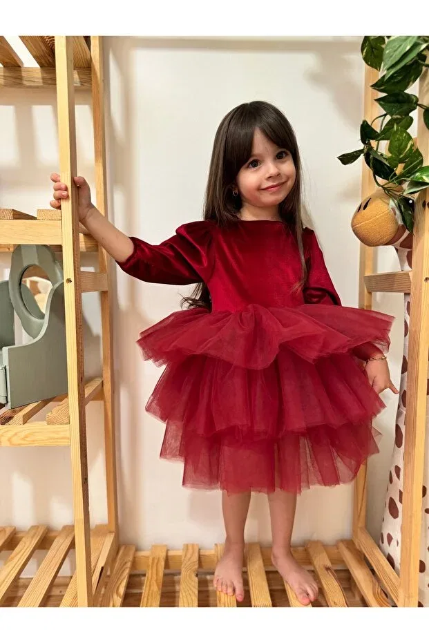 Детское платье для девочек бархатное с длинным рукавом Penu Baby Kids, Burgundy — фото 3