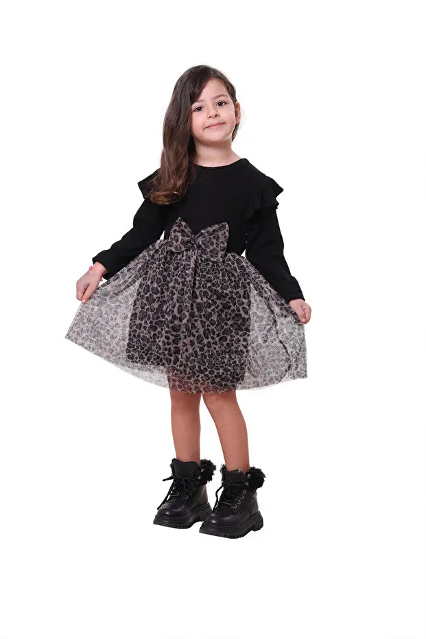 Детское платье для девочек с принтом Tulle Leopard Print Long Sleeve Black Cotton Dress Lila Ribbon, Black — фото 4