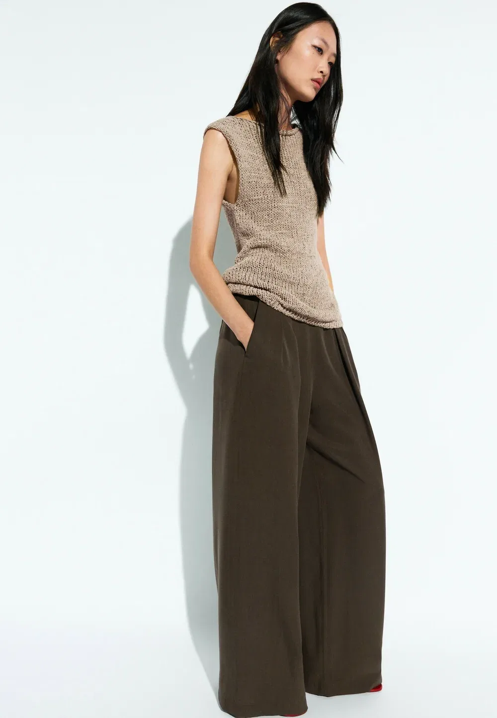 Свободные брюки с широкими штанинами и вытачками Massimo Dutti, Dark Brown — фото 2