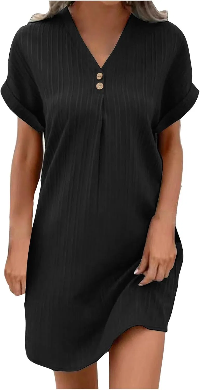 Женское летнее платье с V-образным вырезом Short Sleeve Pleated, Black